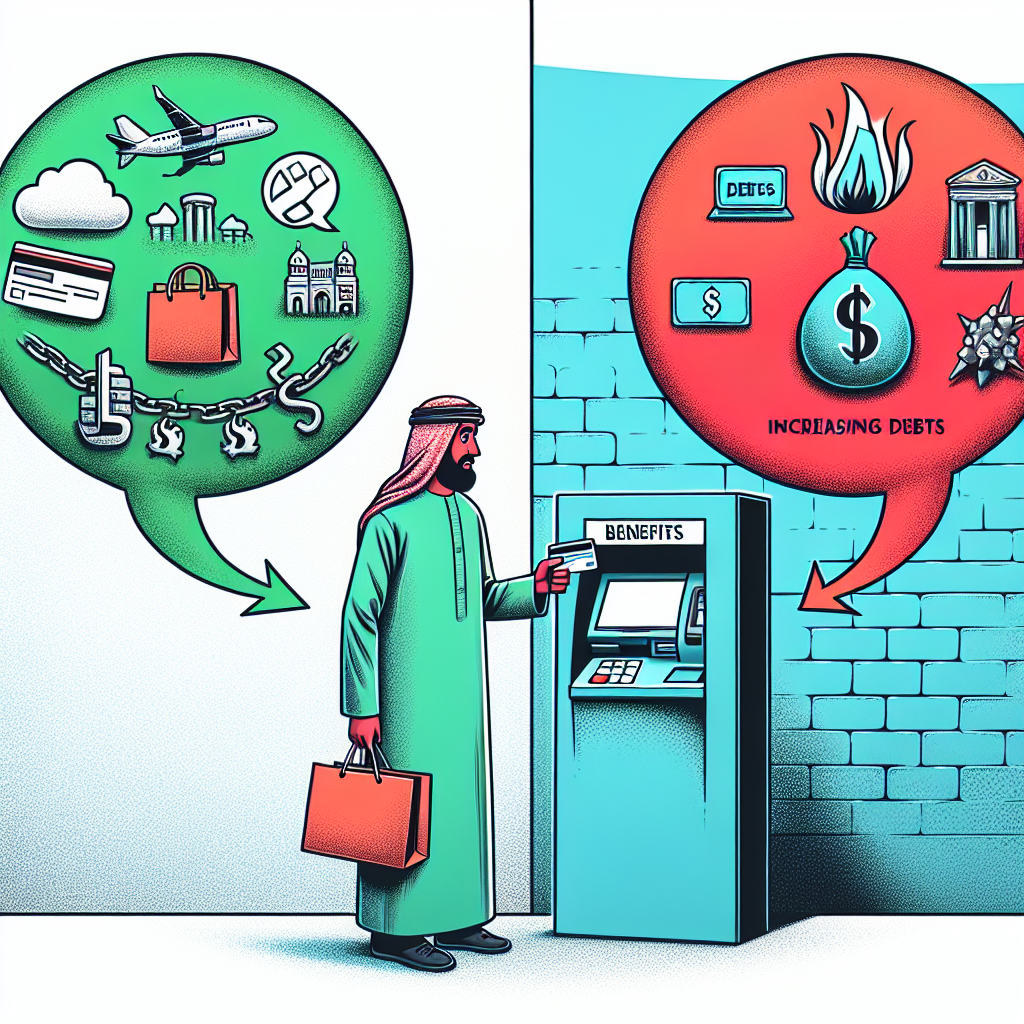 An illustration showing a person at an ATM with a credit card considering the pros and cons