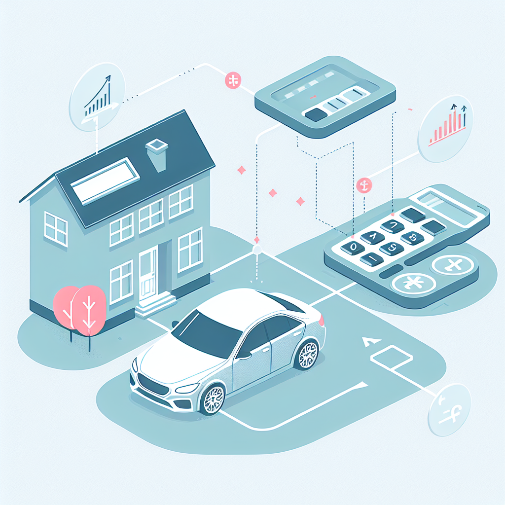 Illustrasjon av en bolig og en bil koblet med et kalkyldiagram og piler som viser fordeler og ulemper, moderne stil, lys fargepalett