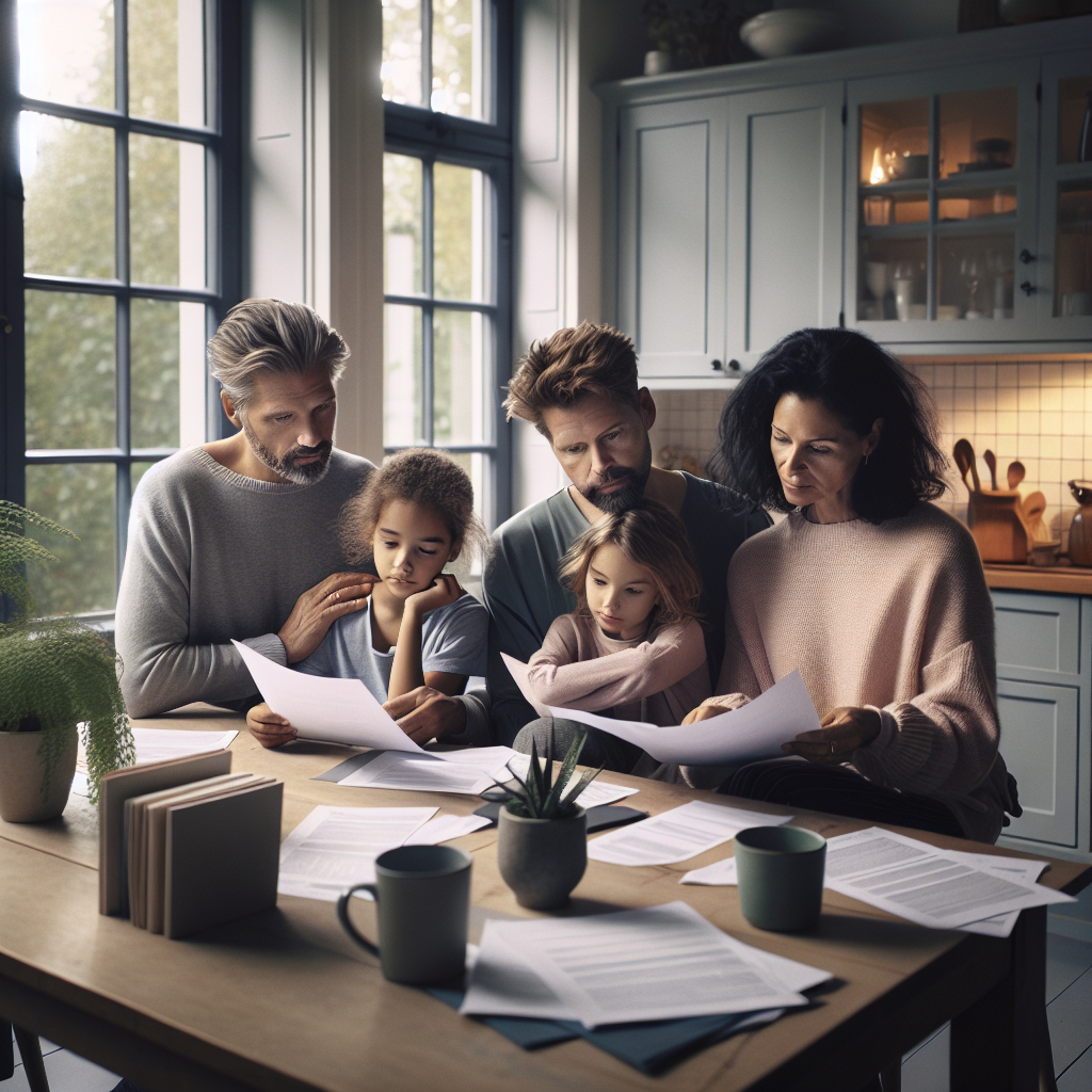 Scandinavian family at a kitchen table reviewing insurance documents and finances, cozy Nordic interior, soft natural light, modern minimalism, reassuring tone