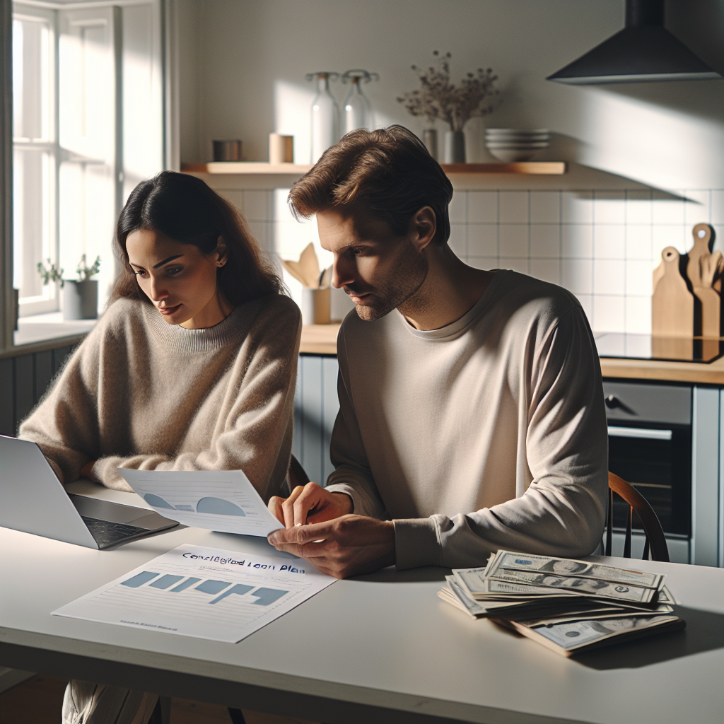 Nordic minimalist scene of a couple reviewing a consolidated loan plan on a laptop at a kitchen table, clean graphs and bills neatly stacked, soft daylight, modern Scandinavian home.
