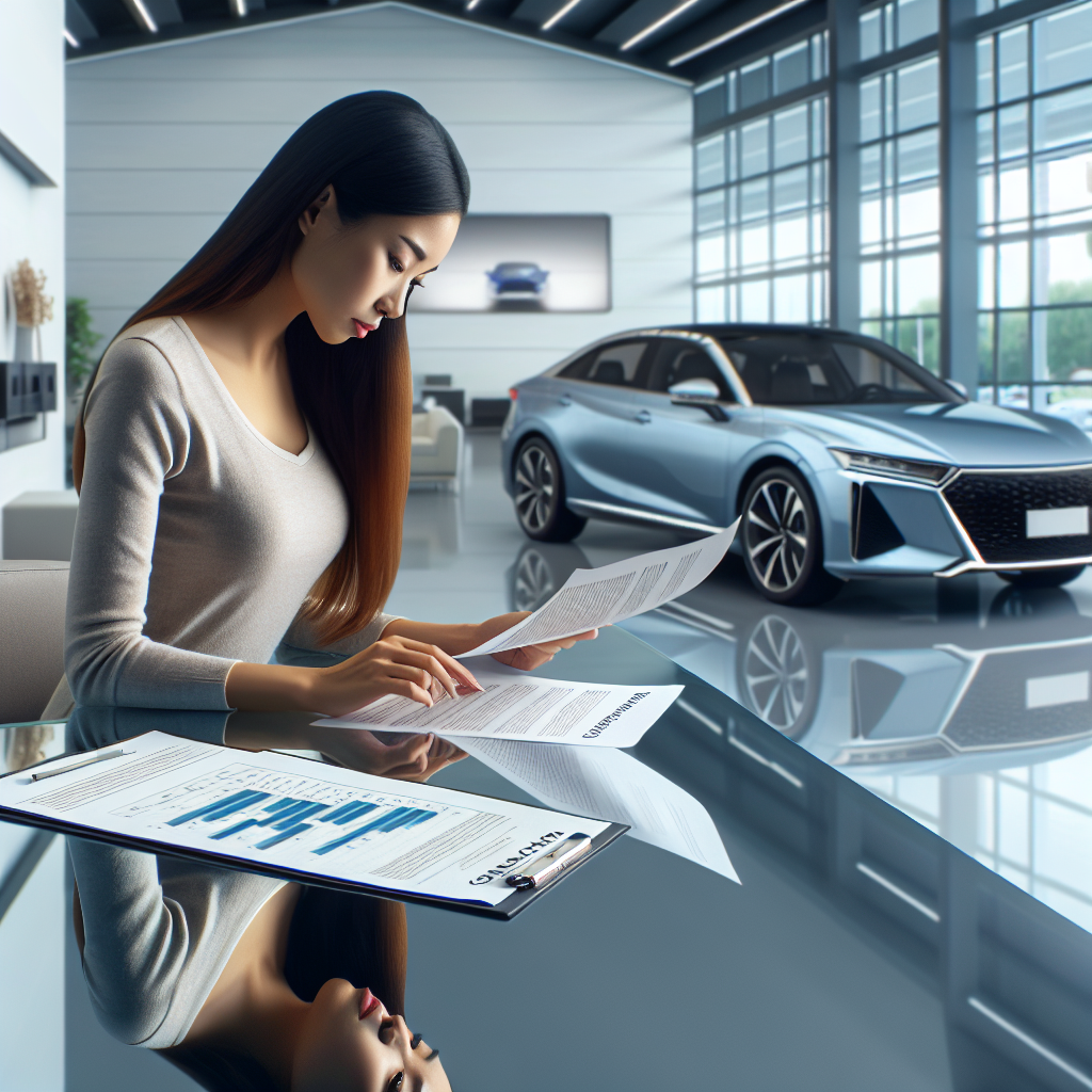 A clean, modern scene of a person reviewing car loan documents beside a sleek car at a dealership desk, with graphs showing interest rates and loan terms.