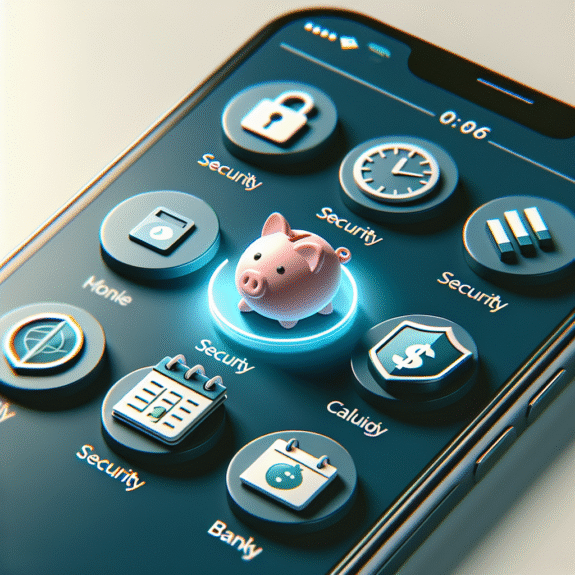 Nærbilde av norske banktransaksjoner på en mobilskjerm, med ikoner for sikkerhet, kalender og sparegris, stilren og moderne fargepalett