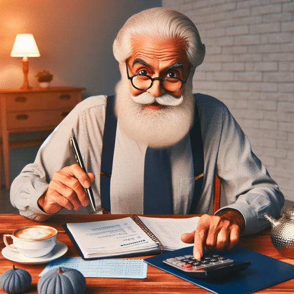 En rolig, moden person som planlegger økonomi ved et spisebord: kalkulator, notatblokk, pensjonsdokumenter og et varmt lys, stilisert og profesjonelt