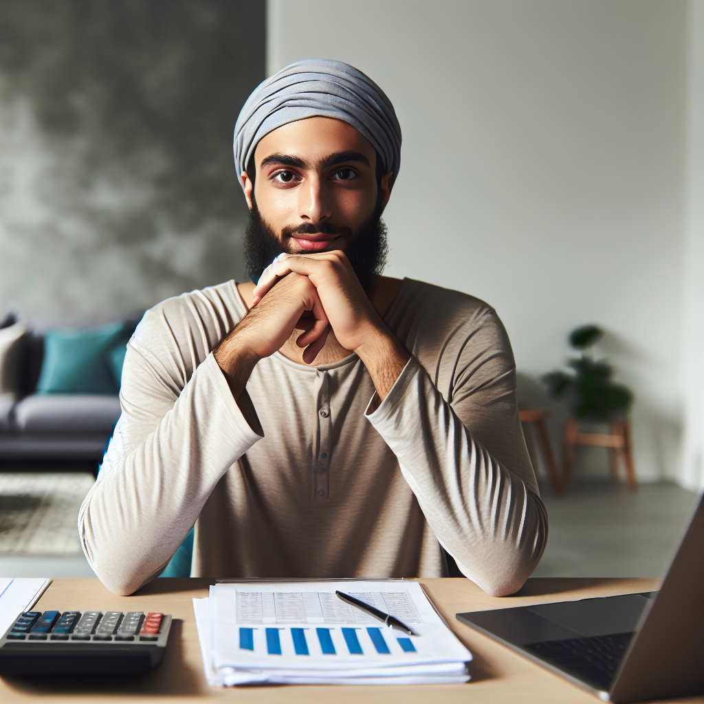 Nærbilde av en rolig person som sitter ved et bord med kalkulator, budsjettark og laptop, moderne hjemmekontor, nøytrale farger
