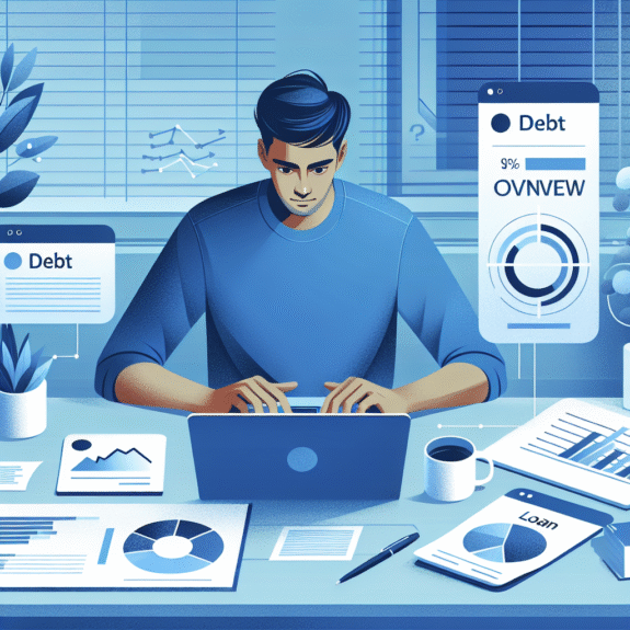 Moderne illustrasjon av en person som analyserer gjeldsoversikt på laptop, grafer og lånepapirer på bordet, rolig blåtoner, profesjonell norsk stil