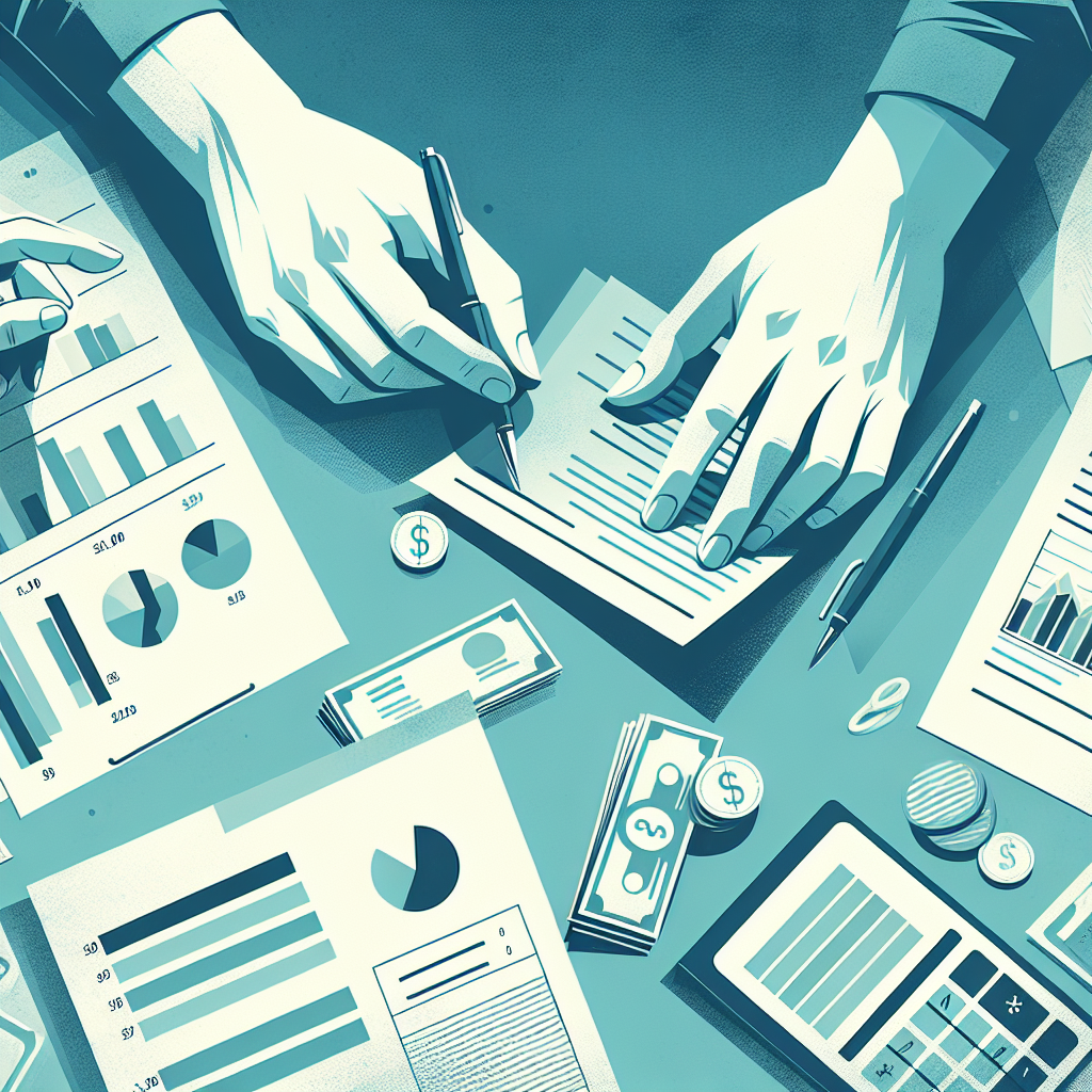 Nærbilde av hender som organiserer regninger og budsjettark, rolig fargepalett, symboler for økonomisk gjenoppbygging og trygghet