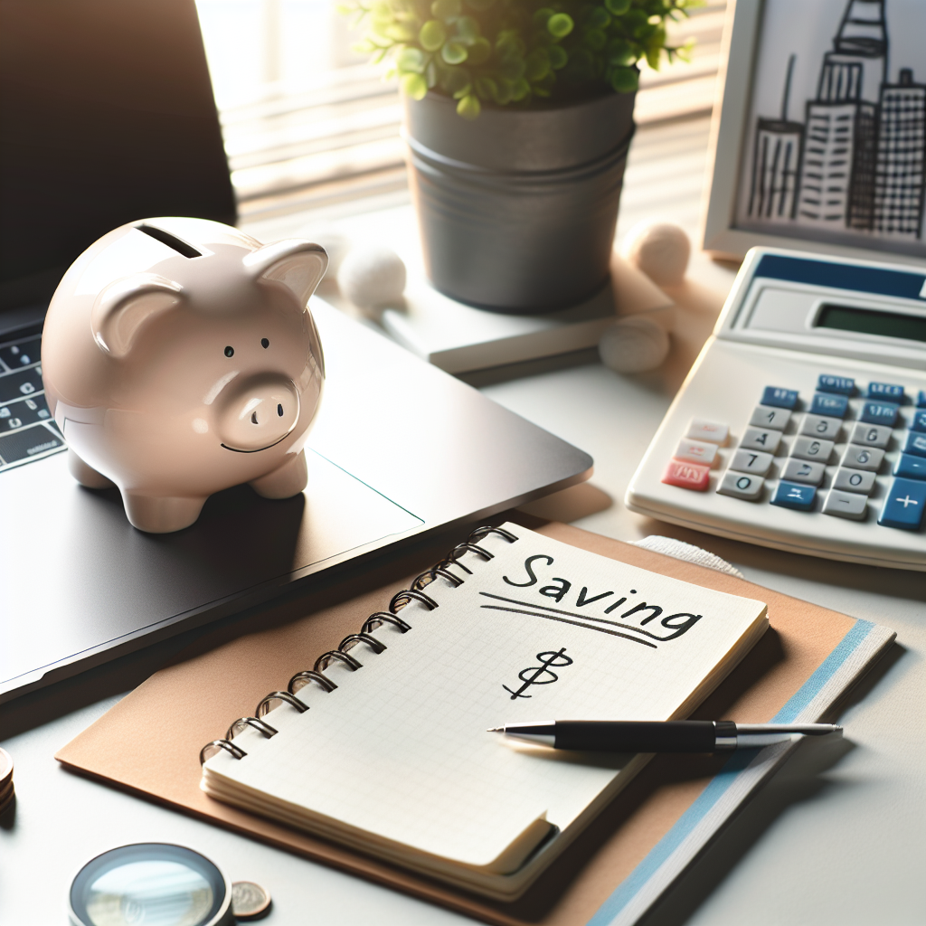 Nærbilde av sparepotte, notatblokk med sparemål, kalkulator og moderne laptop på et lyst skrivebord, naturlig lys, minimalistisk stil