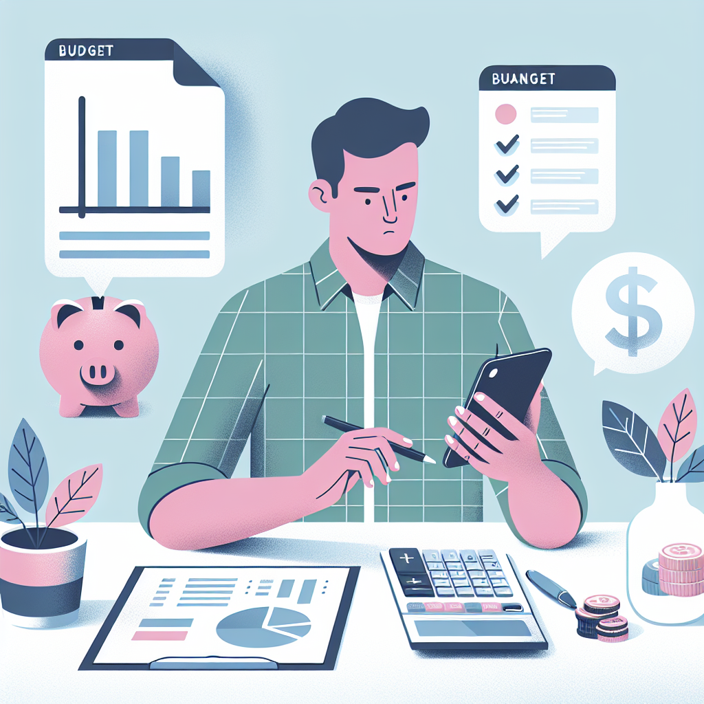 Moderne illustrasjon av en person som organiserer økonomi: kalkulator, budsjettark, sparegris og mobil med bankapper, lys og rolig fargepalett