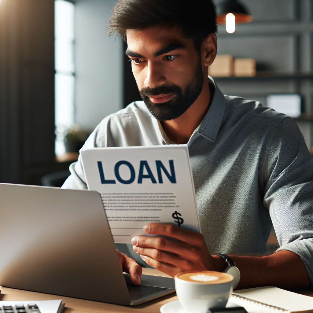 Nærbilde av en person som sammenligner lånetilbud på laptop, med kalkulator, notatblokk og en kopp kaffe, moderne lyssetting, profesjonelt og troverdig uttrykk