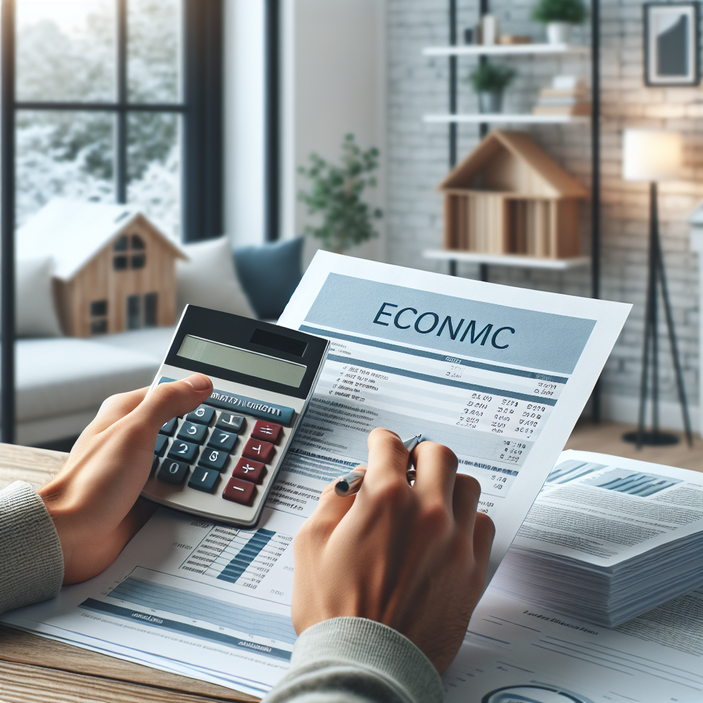 Moderne norsk bolig med økonomisk tema: nærbilde av hender som holder lånedokumenter og kalkulator ved et vindu med bolig i bakgrunnen, lys og profesjonell stil