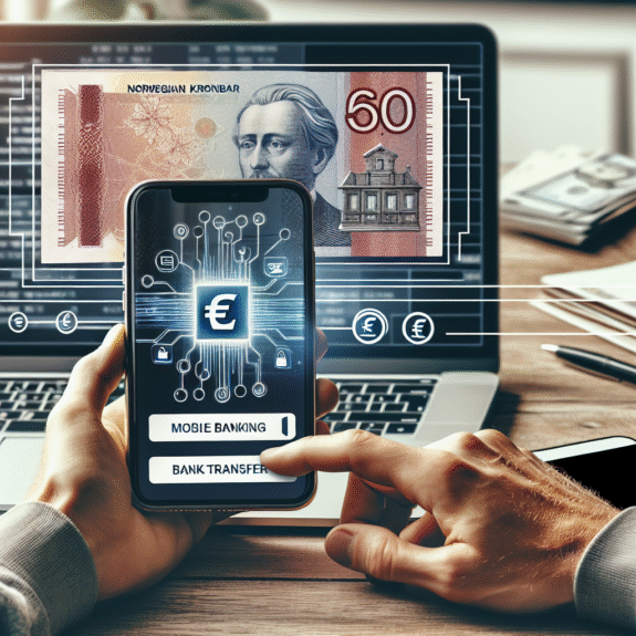 Nærbilde av hender som bruker mobilbank og laptop samtidig, norske kroner og en skisse av en bankoverføring i bakgrunnen, moderne og profesjonelt