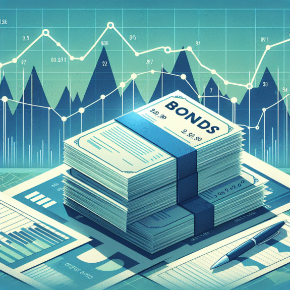 Illustrasjon av obligasjoner: stabler av papirdokumenter, renter- og kurvegraf i bakgrunnen, moderne økonomisk tema i blå og grønne toner
